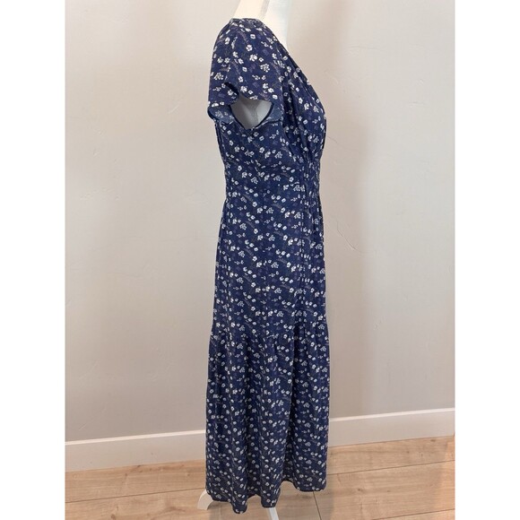 Sojourn Blue Floral Maxi Dress Women’s Sz S Short Sleeve V Neck Elastic Waist - Picture 2 of 12
